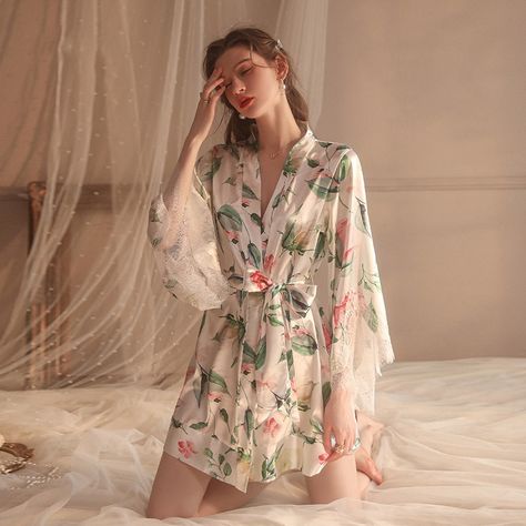 Robe Long Sleeves Lace Edge Print Flowers Sexy Nightgown Sleep Dress Kimono Sleepwear Morning Gown Cardigan Bathrobe Home Dress https://www.awin1.com/pclick.php?p=34847754011&a=1183052&m=6378 Lace Robes, Lingerie Satin, Satin Nightwear, Nightgown Sets, Bra Sets, Night Wedding, Satin Lingerie, Printed Robe, Home Dress