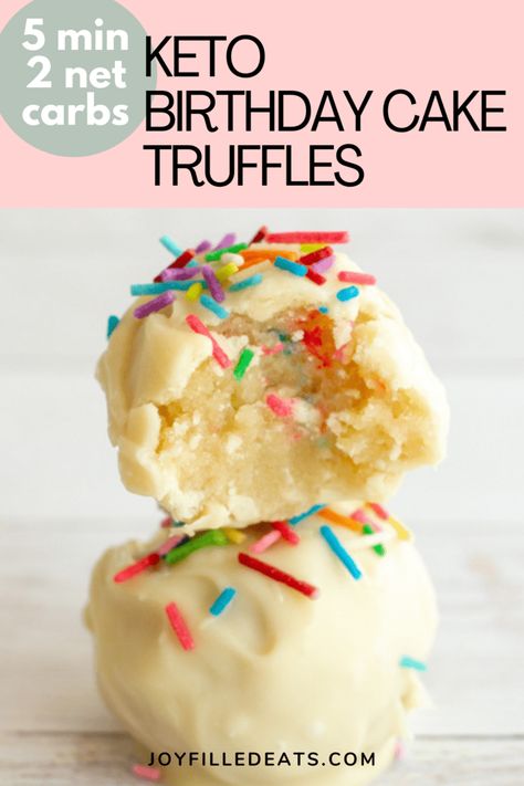 You can make a small batch of these Cake Batter Truffles in just 5 minutes! They taste like a bite of sprinkle laden birthday cake. You can make a small batch of keto truffles in 5 minutes! These keto truffles are vibrant, easy to make, and absolutely delicious. Keto Cake Batter Truffles are the next big thing when it comes to desserts! They are great for on-the-go & can be a keto fat bite. This easy recipe is also low carb, gluten-free, sugar-free, grain-free, and Trim Healthy Mama friendly. Keto Friendly Birthday Cake, Keto Cake Batter, Keto Truffles, Birthday Cake Truffles, Cake Batter Truffles, Keto Birthday Cake, Light Dessert, Snacks Easy, Keto Candy