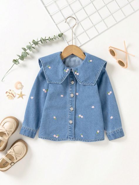 Light Wash Cute Collar Long Sleeve Denim Floral Shirt Embellished Non-Stretch  Young Girls Clothing Girls Denim Shirt, Long Sleeve Denim Shirt, Girls Denim, Floral Shirt, Denim Top, Girls Clothing, Denim Shirt, Floral Embroidery, Length Sleeve