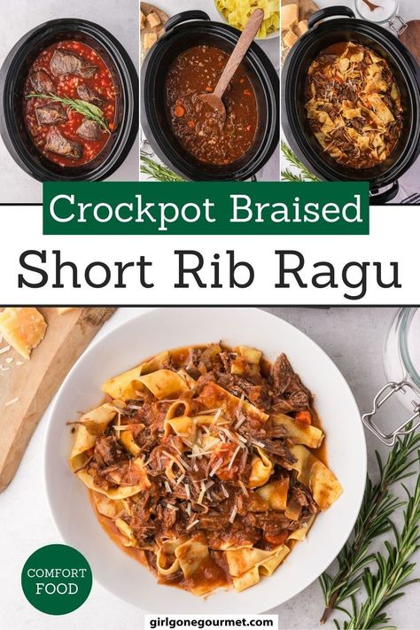 This Crockpot Braised Short Rib Ragu is the ultimate winter comfort food. Slow-cooked short ribs simmer in a rich tomato and red wine sauce until tender, creating a hearty ragu perfect over pasta, mashed potatoes, or rice. Pop over to my site for the recipe! Beef Ragu Slow Cooker, Braised Short Rib Ragu, Braised Short Rib Pasta, Beef Short Rib Ragu, Slow Cook Short Ribs, Short Rib Ragu, Short Ribs Slow Cooker, Crock Pot Inspired Recipes, Best Beef Recipes