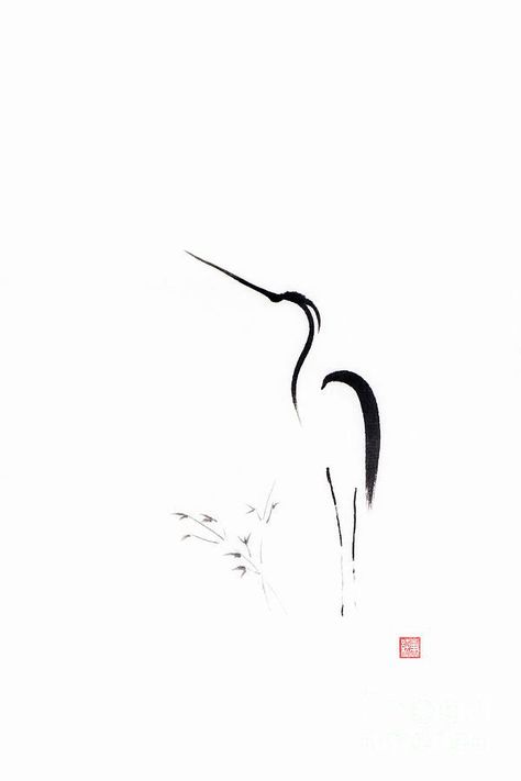 Heron Japanese Art, Japanese Art Simple, Japanese Line Art, Zen Art Paintings, Bamboo Art Painting, Sumie Art, Heron Painting, Heron Tattoo, Japanese Ink Painting