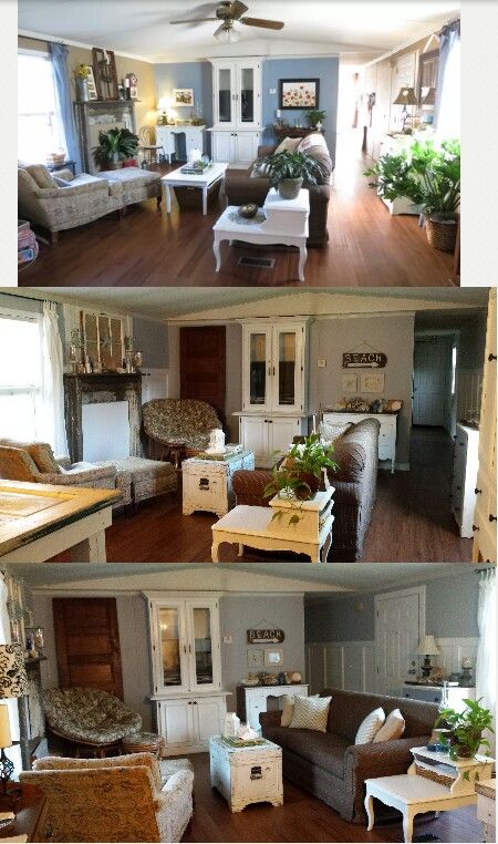 My single wide reno continues. Top pic was new floors. Bottom two are with board & batten and new paint. Double Wide Living Room, Mobile Home Living Room Ideas Singlewide, Mobile Home Living Room Ideas, Mobile Home Living Room, Manufactured Home Decorating, Wide Living Room, Home Maker, Mobile Home Makeovers, Mobile Home Makeover