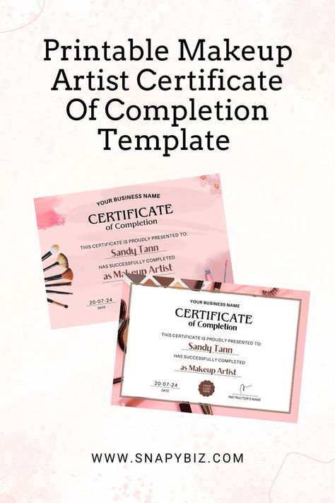 A printable certificate of completion template for makeup artists, customizable for beauty schools and workshops. Makeup Artist Certificate, Makeup Certificate, Printable Makeup, Certificate Of Completion Template, Training Certificate, Certificate Of Completion, Beauty School, Lash Artist, Certificate Templates