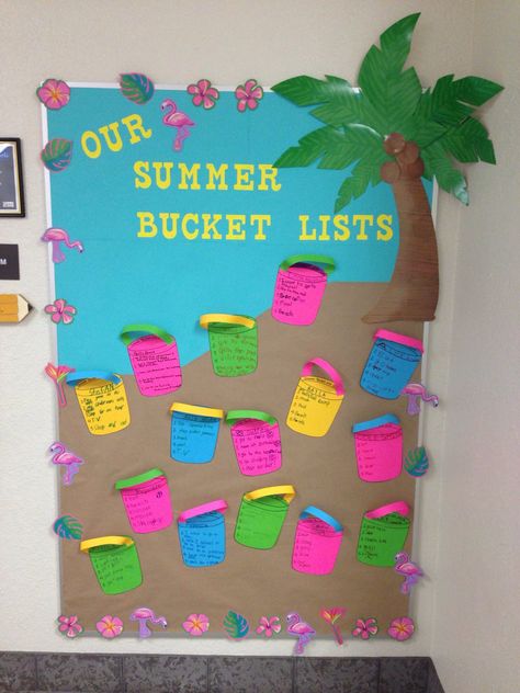 Summer Bulletin Board - "Our Summer Bucket Lists" Summer Wall Ideas For Classroom, Summer Teacher Board Ideas, Summer Bucket List Bulletin Board, Floating Into Summer Bulletin Board, Summer Break Bulletin Board, Summer Bulletin Boards For Work, Summer Birthday Bulletin Boards, June Birthday Board Ideas, Summer Daycare Bulletin Boards