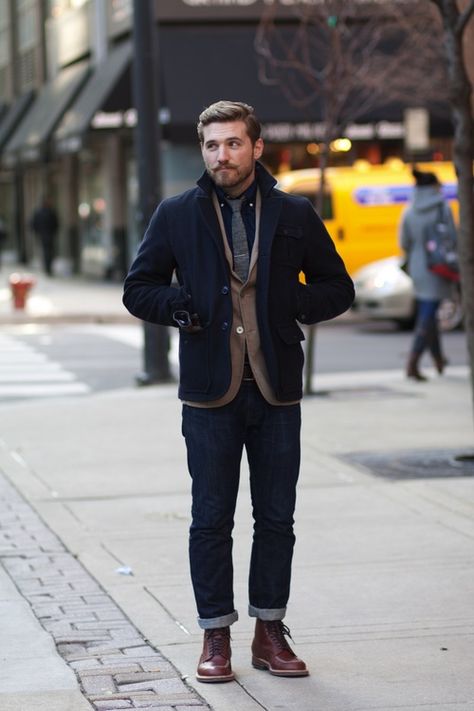 Zach on State at Ohio in Chicago // More Men's Street Style Inspiration: (http://chicago.racked.com/archives/2012/02/06/zach-on-state-at-ohio.php) Navy Pea Coat, Mens Fashion Work, Burgundy Jeans, Cool Winter, Hipster Grunge, Mens Fashion Inspiration, Sharp Dressed Man, Men Street, Winter Outfits For Work