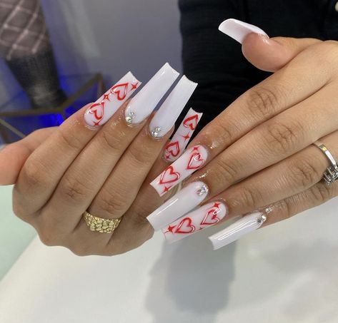 Cotton Candy Nails, Holiday Acrylic Nails, Heart Nail Designs, Acrylic Nail Set, Red Acrylic Nails, Drip Nails, Nails Design With Rhinestones, White Acrylic Nails, Cute Acrylic Nail Designs