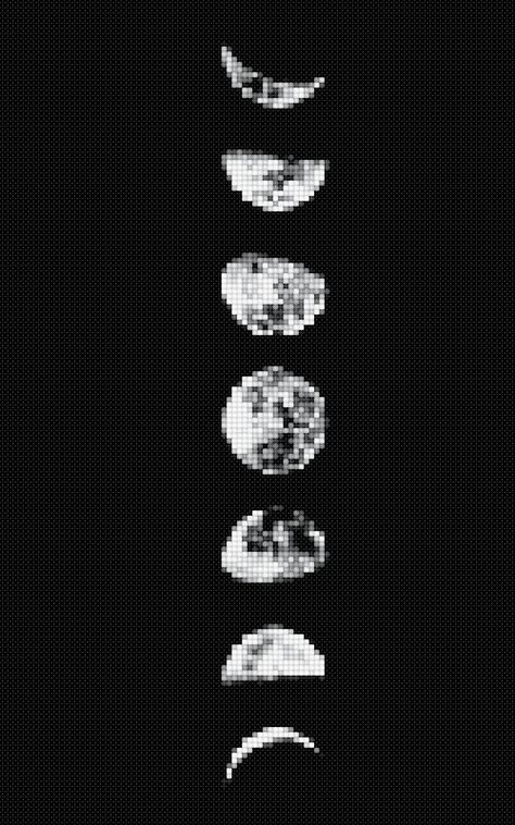 The phases of the moon. My personal favourite. Mass props to the original poster! Moon Phases Knitting Chart, Crochet Phases Of The Moon, Moon Phase Pixel Art, Moon Phase Cross Stitch Pattern, Moon Phases Cross Stitch Pattern, Cross Stitch Moon Phases, Moon Bead Pattern, Moon Phases Pixel Art, Moon Phase Cross Stitch