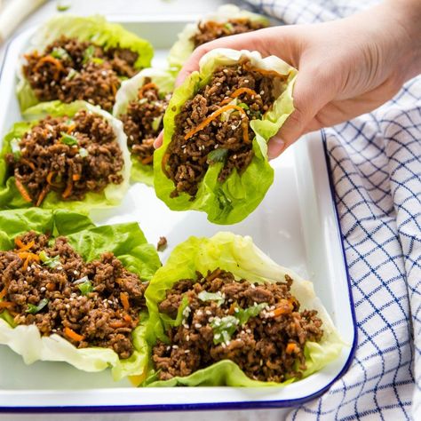 Low Carb Korean Beef Lettuce Wraps - The Busy Baker Low Carb Korean Beef, Korean Beef Lettuce Wraps, Asian Lettuce Wraps, Beef Lettuce Wraps, Healthy Asian, Healthy Beef Recipes, Healthy Beef, Lettuce Wrap Recipes, Korean Beef