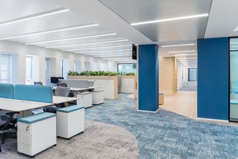 Office Collaboration Area, White Office Space, Banks Office, Blue Company, Design Desks, Corporate Office Design, Trophy Rooms, Blue Office, Office Floor