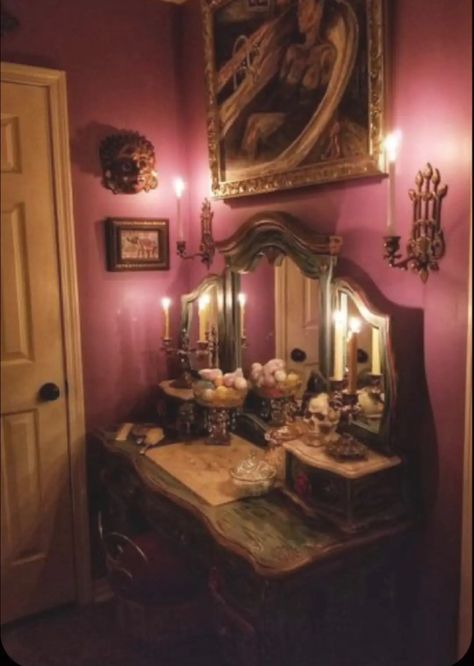 #whimi #whimigoth #whimsigoth #whimsigothfashion #spiritual #spirituality #witch #witchcraft #witchy #witchythings #witchyvibes #aesthetic #aesthetictumblr #aestheticstyle #aestheticnotes #grunge #moon #decor #decoration #decorationideas House Set Up, Southern Gothic Room Aesthetic, Goth Vanity Decor, Whimsy Goth Apartment, Gypsycore Decor, Opiumcore Room, Whimsi Goth Room, Whimsigoth Vanity, Broke Aethstetic