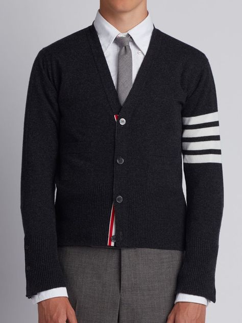 THOM BROWNE THOM BROWNE V-NECK CARDIGAN WITH 4-BAR STRIPE IN DARK GREY CASHMERE. #thombrowne #cloth Knitwear Men, White Cardigan, V Neck Cardigan, Cashmere Cardigan, Grey Shorts, Thom Browne, Dress To Impress, Dark Grey, Knitwear