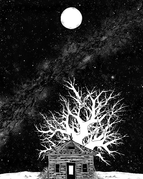 The Stars My Destination Pen and ink illustration #penandinkillustration #abandonedplaces #urbexart #inkdrawing #natureillustration #abandonedart #inkart #urbanexploration #abandonedbeauty #wyldtrees #abandonedworld #artofabandonment #penandinkartwork #naturedrawing #urbanart #clintongbowers Creepy Sketches, The Stars, Nature Sketch, Arte Alien, Star Illustration, Gothic Wallpaper, Illustration Pen And Ink, Abandoned House, Night Landscape