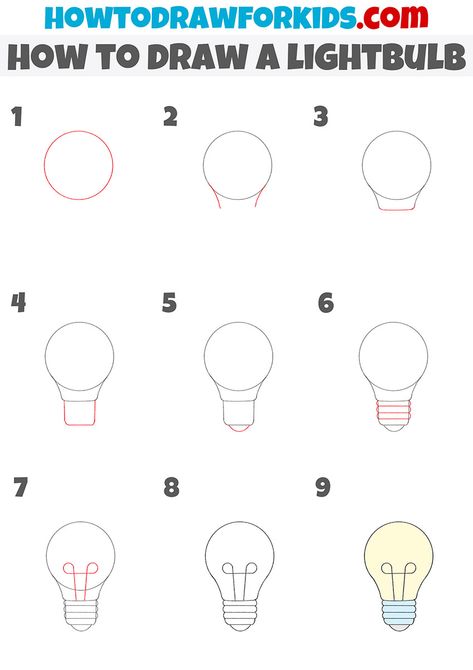 how to draw a lightbulb step by step How To Paint A Light Bulb, How To Draw Lightbulb, Lightbulb Drawings Simple, How To Draw A Light Bulb Step By Step, Easy Light Bulb Drawings, Light Bulb Drawing Simple, How To Draw A Light Bulb, Lightbulb Sketch, Lightbulb Drawings