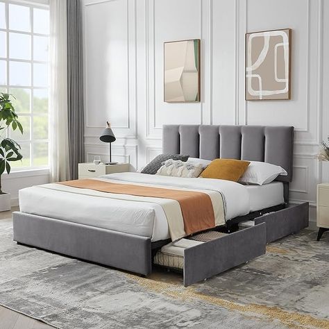 Amazon.com: VECELO Full Upholstered Bed Frame with 4 Storage Drawers and Adjustable Velvet Headboard, Heavy-Duty Platform bedframe, No Box Spring Needed, Beige : Home & Kitchen Bed Frames With Drawers, Full Bed Headboard, Full Size Storage Bed, Full Size Upholstered Bed, Modern Upholstered Beds, Upholstered Storage Bed, Bed Frame With Drawers, Under Bed Drawers, Velvet Upholstered Bed