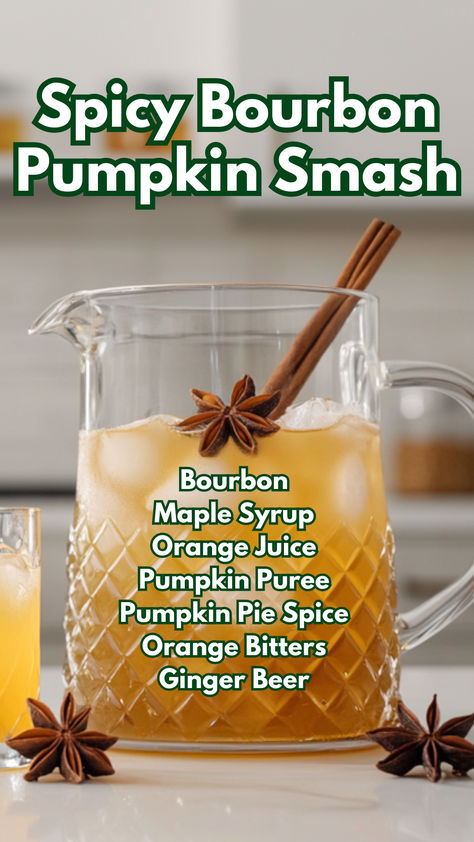 Spicy Bourbon Pumpkin Smash Spicy Bourbon Cocktail, Pumpkin Cocktails, Honey Cocktails, Autumn Beverages, Cocktail Board, Maple Cocktail, Cocktail Cards, Honey Cocktail, Ginger Beer Cocktail