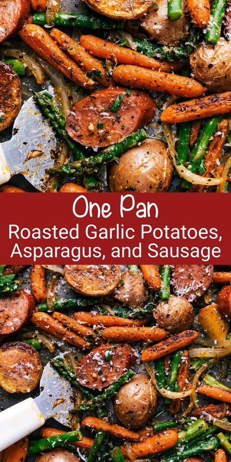 One Pan Potatoes, Potato And Asparagus Recipe, Pan Potatoes, Roasted Garlic Potatoes, Pan Asparagus, Polish Sausage Recipes, Asparagus Carrots, Potatoes And Sausage, Herb Potatoes