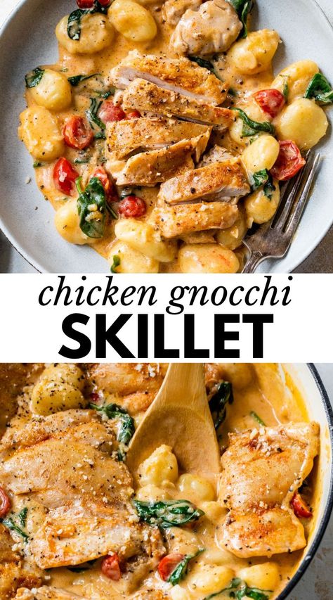 A scrumptious Chicken Gnocchi Skillet that combines soft and pillowy gnocchi with chicken, spinach and tomatoes, all coated in a creamy garlic parmesan sauce. Chicken Gnocchi Skillet, Gnocchi With Chicken, Gnocchi Recipes Healthy, Tomato Sauce Chicken, Creamy Garlic Parmesan Sauce, Garlic Parmesan Sauce, Buffalo Chicken Pasta, Favorite Pasta Recipes, Chicken Gnocchi