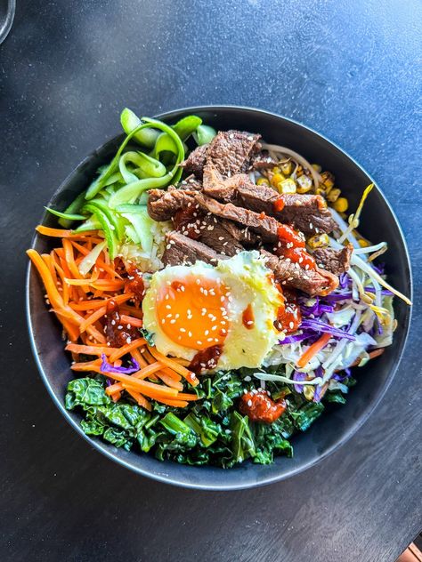 High-Protein Bulgogi Beef Bibimbap Bowl — Protein Snack Queen Beef Bibimbap, Lunch Bowl Recipe, Bibimbap Bowl, Korean Bibimbap, Bibimbap Recipe, Korean Beef Bowl, Gochujang Sauce, Beef Bowls, Instant Rice