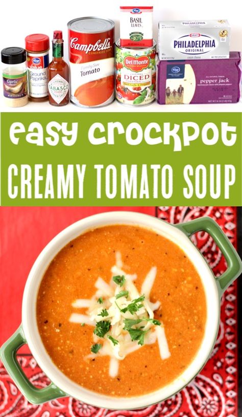 Crockpot Pepper Jack Tomato Soup Recipe! {Crazy Easy} - The Frugal Girls Longhorn Recipes, Meatless Casseroles, Soups Ideas, Crockpot Tomato Soup, Easy Crockpot Soup, Easy Tomato Soup Recipe, Clafoutis Recipes, Crockpot Stuffed Peppers, Tomato Soup Easy