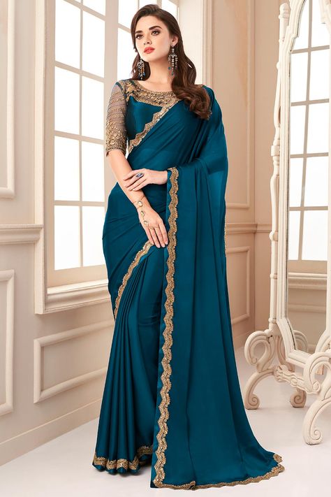 Blue Georgette Saree, Peach Color Saree, Bollywood Sarees Online, Off White Fashion, Simple Saree Designs, Floral Print Sarees, Chiffon Sarees, New Saree Designs, Bridesmaid Saree