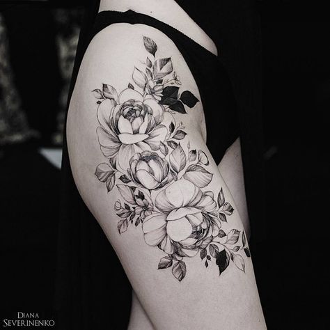 simple, delicate, but contrasted, detailed floral outline design  Diana Severinenko (@dianaseverinenko) on Instagram Peony Thigh Tattoo, Diana Severinenko, Rose Peonies, Flower Thigh Tattoos, Unusual Tattoo, Tattoo Thigh, Tattoo Leg, Mandala Floral, 1 Tattoo