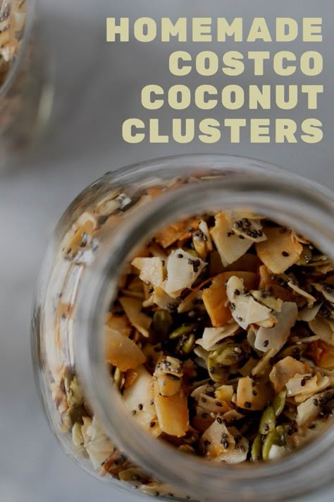 These simple to make coconut clusters are just like the Costco Coconut Clusters. They are simple to make and so delicious. The perfect topping for yogurt, ice cream, oatmeal etc. Coconut Snack Recipes, Keto Coconut Clusters Recipe, Keto Clusters, Coconut Clusters Recipe, Coconut Bark, Coconut Clusters, Coconut Snacks, Trail Mix Recipes, Yogurt Ice Cream