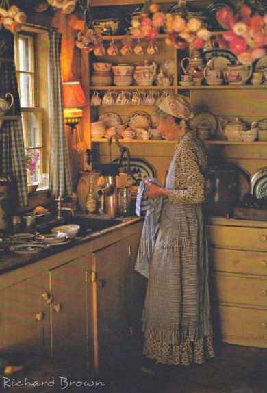 I was so happy to see all her sets of pink luster on the shelves by the  sink! I have studied this photo for years, but to stand in front of the ... Tudor Kitchen, Tasha Tudor, Marjolein Bastin, Vacation Days, Tudor House, Tudor Style, Old Woman, Children's Books, Country Life