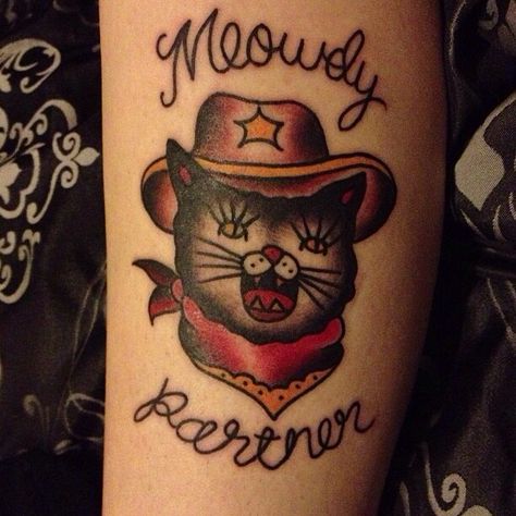 Meowdy Partner tattoo: Cowboy kitty Cat Portrait Tattoos, Partner Tattoos, Cowboy Tattoos, Uk Streetwear, Christian Sleeve Tattoo, Tattoos Inspiration, Back Of Shoulder Tattoo, Tattoo Clothing, Classic Tattoo