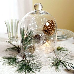 Christmas Table Centerpieces, Clear Ornaments, Holiday Arrangement, Christmas Tablescape, Holiday Tablescapes, Glass Cloche, Silver Bells, Pretty Christmas, Christmas Tablescapes