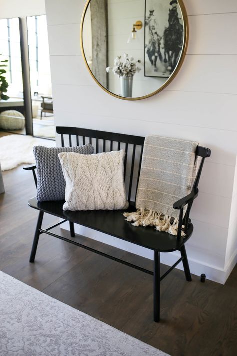 Wall Above Bench Decor, Entryway Black Bench, Mirror Above Bench Entryway, Wall Decor Over Bench, Minimalist Entryway Bench, Bench Styling Entryway, Black Bench Entryway Decor, Front Entry With Bench, Entry Mirror Ideas