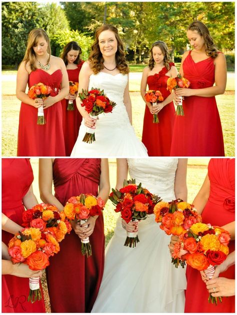 Wedding of EMALEE and BRENT QUICKEL. Photo courtesy of LINDSAY ROMO.  Red - orange bouquet for the Fall Fall Bridesmaid Dress Colors, Bridesmaid Color Palette, Wedding Colors Fall, Wedding Colors Red, Best Wedding Colors, Orange Bridesmaid, Fall Bridesmaids, Red Bouquet Wedding, Orange Bridesmaid Dresses