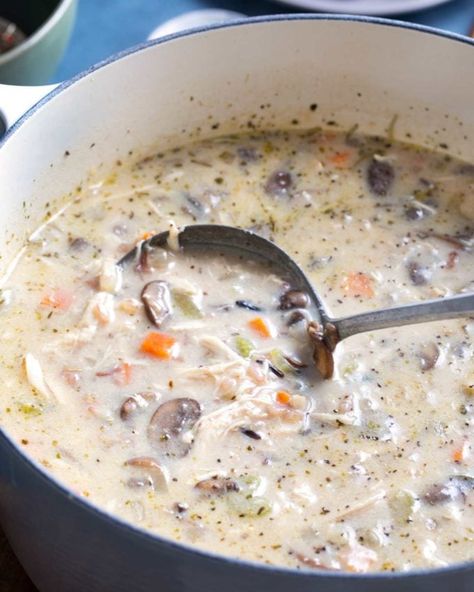 Chicken Broccoli Wild Rice Soup, Creamy Wild Rice Soup With Rotisserie Chicken, Creamy Chicken Mushroom Wild Rice Soup, Creamy Chicken Wild Rice Soup Stovetop, Chicken Wild Rice Mushroom Soup, Soup In Dutch Oven, Soup Dutch Oven, Wild Rice Soup Crockpot, Copycat Zuppa