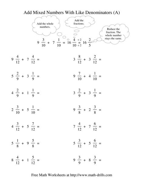 The Adding Mixed Fractions -- Like Denominators Reducing No Renaming (A) Math Worksheet Adding Mixed Fractions, Mixed Fractions Worksheets, Adding Mixed Numbers, Add Fractions, Math Fractions Worksheets, Addition Of Fractions, Mixed Fractions, Add And Subtract Fractions, Adding Fractions