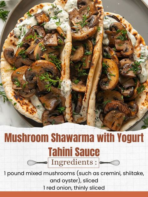 Creative Cookery Mushroom Shawarma, Yogurt Tahini Sauce, Creative Cookery, Garlic Butter Rice, Homemade Naan Bread, Whole Wheat Pita, Roasted Chicken Thighs, Butter Rice, Mushroom And Onions