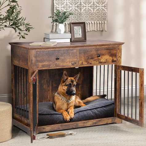 LEMBERI Large Dog Crate Furniture, Wooden Dog Kennel End Table with Storage Drawers, Decorative Pet Crates Dog House Indoor for Large/Medium/Small Dogs (Brown) Brand: LEMBERI Large Dog Crate Furniture, Dog Kennel End Table, Dog House Indoor, Pet Furniture Dog, Pet Crates, Dog Crate End Table, Crate End Tables, Cat Crate, Wooden Dog Kennels