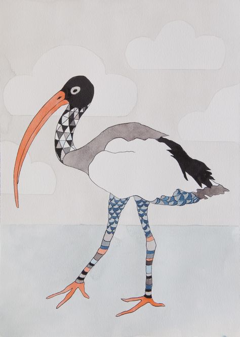 Ibis. Ink and Watercolour illustration by Katrine Mosegaard Ibis Illustration, Ibis Drawing, Ibis Bird, Watercolour Birds, Ink And Watercolour, Bird Drawing, Watercolour Illustration, Project Inspiration, Watercolor Bird