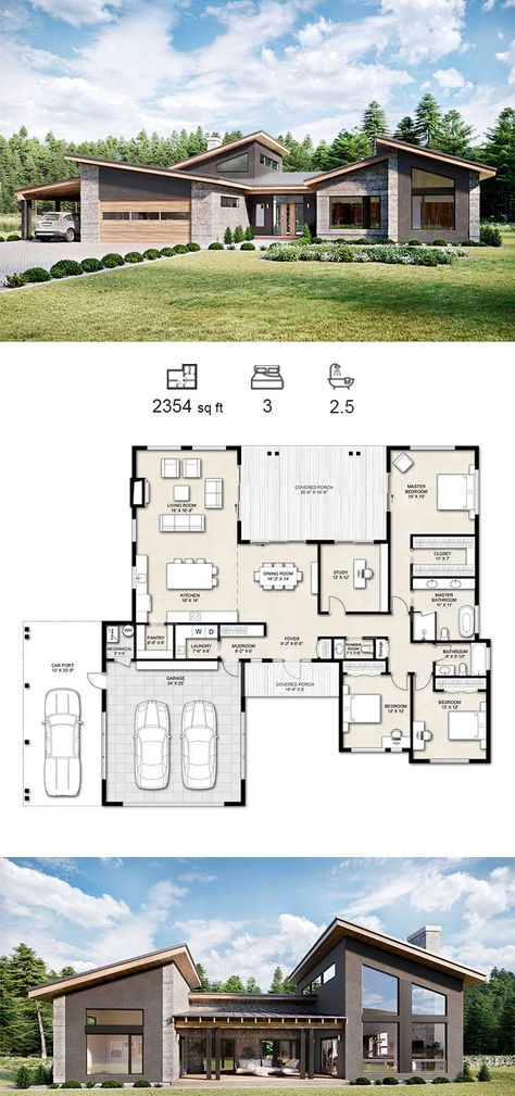 modern house plan, modern mid-century house, home design U Shaped House Interior, Modern Courtyard House Plans, One Story Courtyard House Plans, Midcentury Modern Home Floorplan, Mid Century Modern Home Floor Plans, U Shaped House Exterior, Mid Century Modern Exterior 2 Story, House 150 M2 Plan, 1 Story House 3 Bedrooms