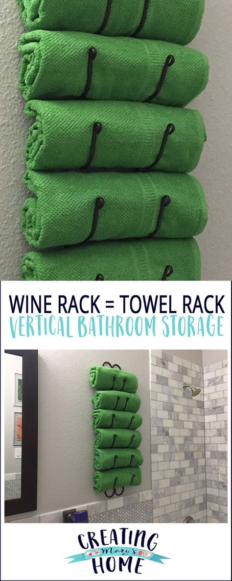 Wine Rack as Towel Rack: Vertical Bathroom Storage - creatingmaryshome.com Vertical Bathroom, Bathroom Towel Storage, Purple Towels, Diy Towels, Diy Bathroom Storage, Towel Racks, Small Towel, Towel Rack Bathroom, Towel Storage