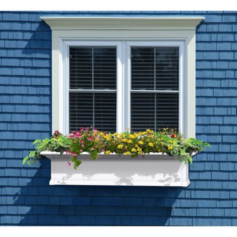 Window box; add decorative trim to top of window for added interest? White Window Boxes, Window Planters, Window Trim Exterior, Window Planter Boxes, White Windows, Pergola Kits, Windows Exterior, Window Trim, Window Boxes