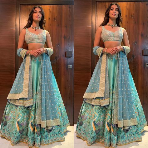 Celebrity Lehenga, Indian Suit, Indian Outfits Lehenga, Wedding Lehenga Designs, Lehnga Dress, Bollywood Lehenga, Crop Top And Skirt, Pooja Hegde, Traditional Indian Outfits