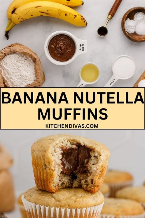 Collage of overhead shot of individual banana Nutella muffin ingredients at top and banana Nutella muffin with bite taken out at bottom. Banana Nutella Muffins, Moist Banana Muffins, Cheesecake Fruit Salad, Nutella Muffins, Recipe For Breakfast, Banana Nutella, Sweet Muffin, Classic Breakfast, Being Honest