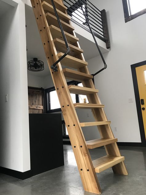 Industrial ladder, loft ladder, gas pipe ladders Loft Ladder Ideas, Ship Ladder, Loft Railing, Space Saving Staircase, Ladder Ideas, Loft Staircase, Ladder Stairs, Stair Ladder, Cabin Loft