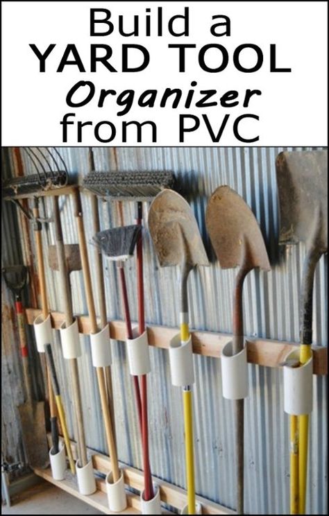 Organize your yard tools by building a yard tool organizer from recycled PVC! Organize Yard Tools In Garage, Yard Tools Storage Ideas, Garage Yard Tool Storage Ideas, Organize Shed Ideas, Outdoor Tool Storage Ideas, Garden Tool Storage Diy, Garden Shed Organization Ideas, Garden Tool Storage Ideas, Garden Shed Organization