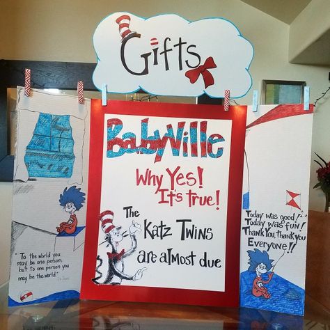 Diy Thing 1 Thing 2 Decorations, Thing 1 Thing 2 Baby Shower Ideas, Triplet Baby Shower, Dr Suess Baby, Twin Baby Shower Gifts, Twin Gender Reveal, Dr Seuss Baby Shower, Triplet Babies, Baby Shower Theme Decorations