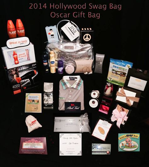 Hollywood+Swag+Bag+2014+Oscar+Gift+Bag Swag Bags Ideas Events Business, Swag Bag Ideas, Swag Bags, Bags 2014, Baby Binky, Lara Bars, Weekend Ideas, Gala Event, Gala Events