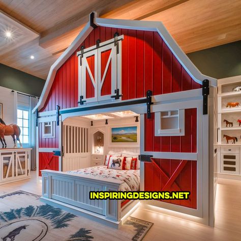 Have you ever imagined a barnyard adventure right in your kid’s bedroom? Well, guess what? With barn shaped kids beds, that dream is now a reality! These aren’t just any beds; they’re a ticket to a whimsical world of farmyard fun. Picture this: a vibrant, red gabled canopy bed, complete with charming white trim. It’s … Barnyard Bedroom, Bed Kind, Horse Room Decor, Horse Themed Bedrooms, Landry Room, Cowboy Room, Barn Bedrooms, Under Bed Lighting, Horse Room