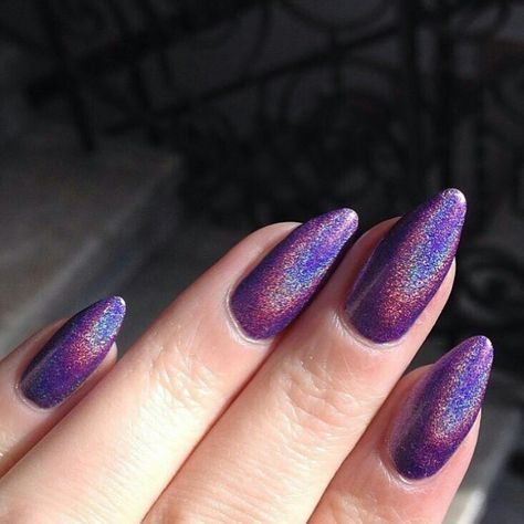 Purple Holographic Acrylic Nails, Dark Purple Iridescent Nails, Holographic Nails Purple, Dark Iridescent Nails, Dark Purple Nails Aesthetic, Purple Pointy Nails, Purple Velvet Nails, Purple Holo Nails, Dark Purple Prom Nails