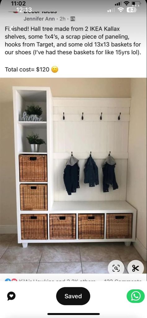 Ikea tips, hacks and more! | I love this idea for my hallway but I want to cover my fuse box and the kallax unit is not wide enough to do so Ikea Kallax Mudroom Hack, Home Drop Zone, Small Drop Zone, Drop Zone Entryway, Entryway Drop Zone, Ikea Hall, Ikea Mud Room, Small Mudroom Ideas, Armoire Entree