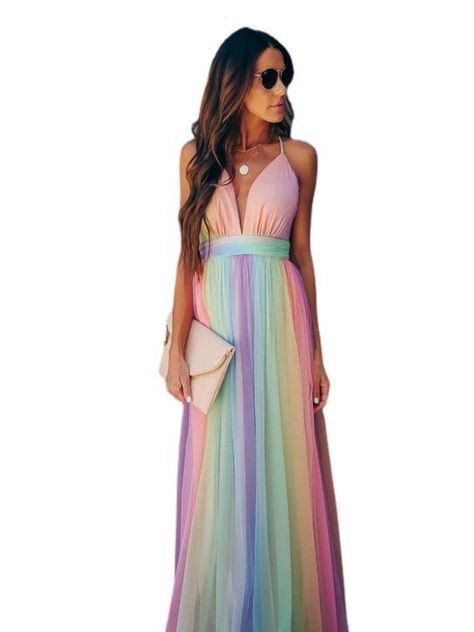 Rainbow Dress Women, Pastel Rainbow Dress, Pastel Maxi Dress, Rainbow Wedding Theme, Pastel Maxi Dresses, Suspenders Dress, Women Casual Wear, Rainbow Wedding, Body Figure