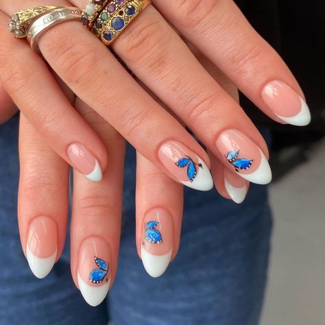 The cutest butterfly baby blue French for @francesmallon 🦋 - - - - - - - - - #nails #gelnails #thegelbottle #nailart #nailinspo… | Instagram Stars Nails, Fake Nails Long, Nagel Tips, Manicure Diy, Fake Nails With Glue, Blue Nail, Nail Supplies, Diy Nail Art, Butterfly Nail